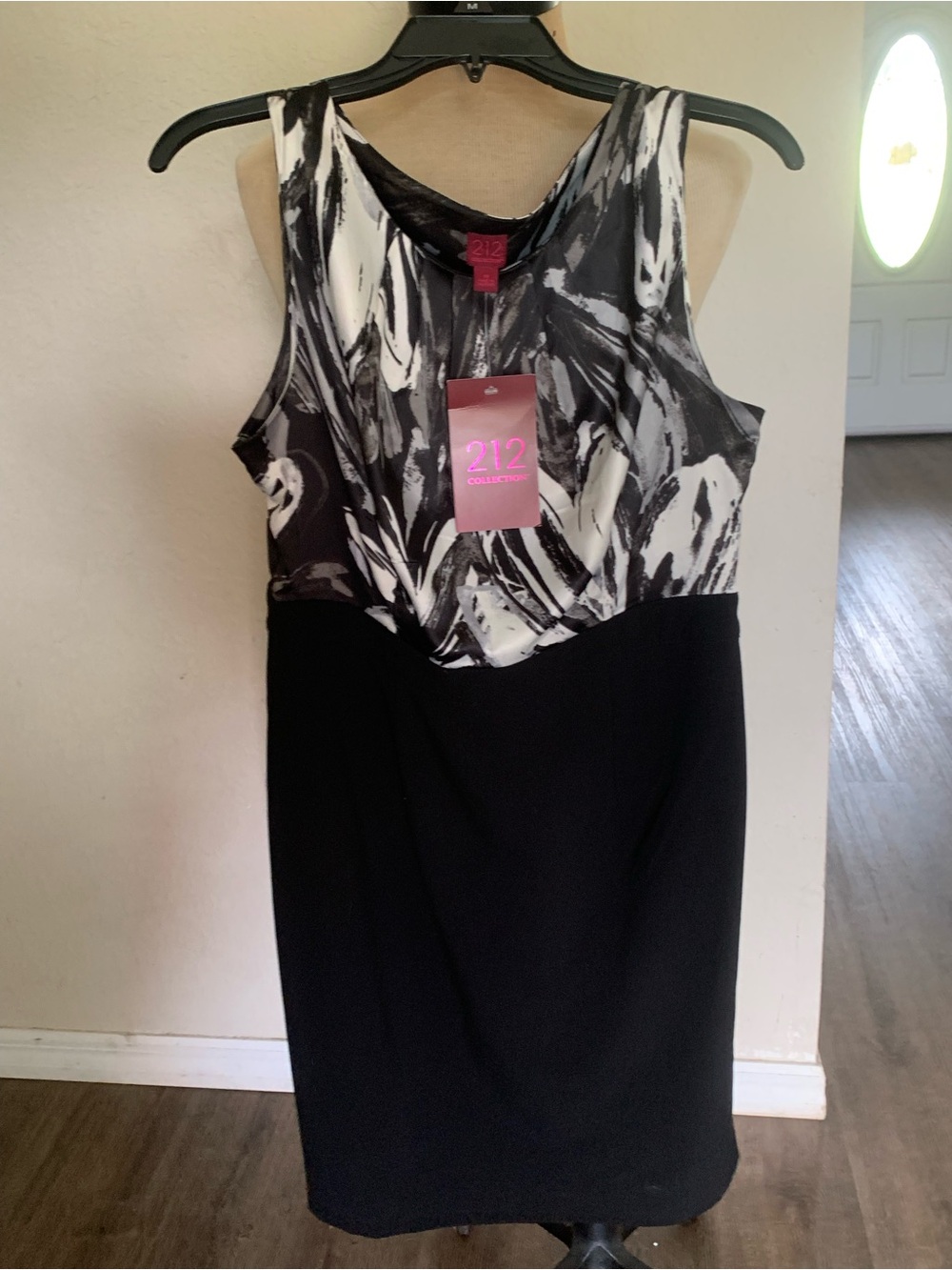 212 Collection Black and White Printed Bodice Sheath Dressa